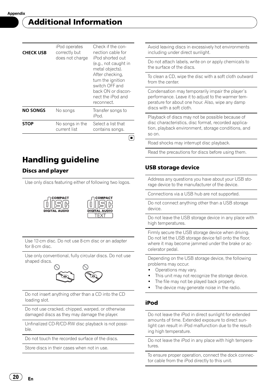 Handling guideline, Additional information | Pioneer DEH-2200UB User Manual | Page 20 / 75