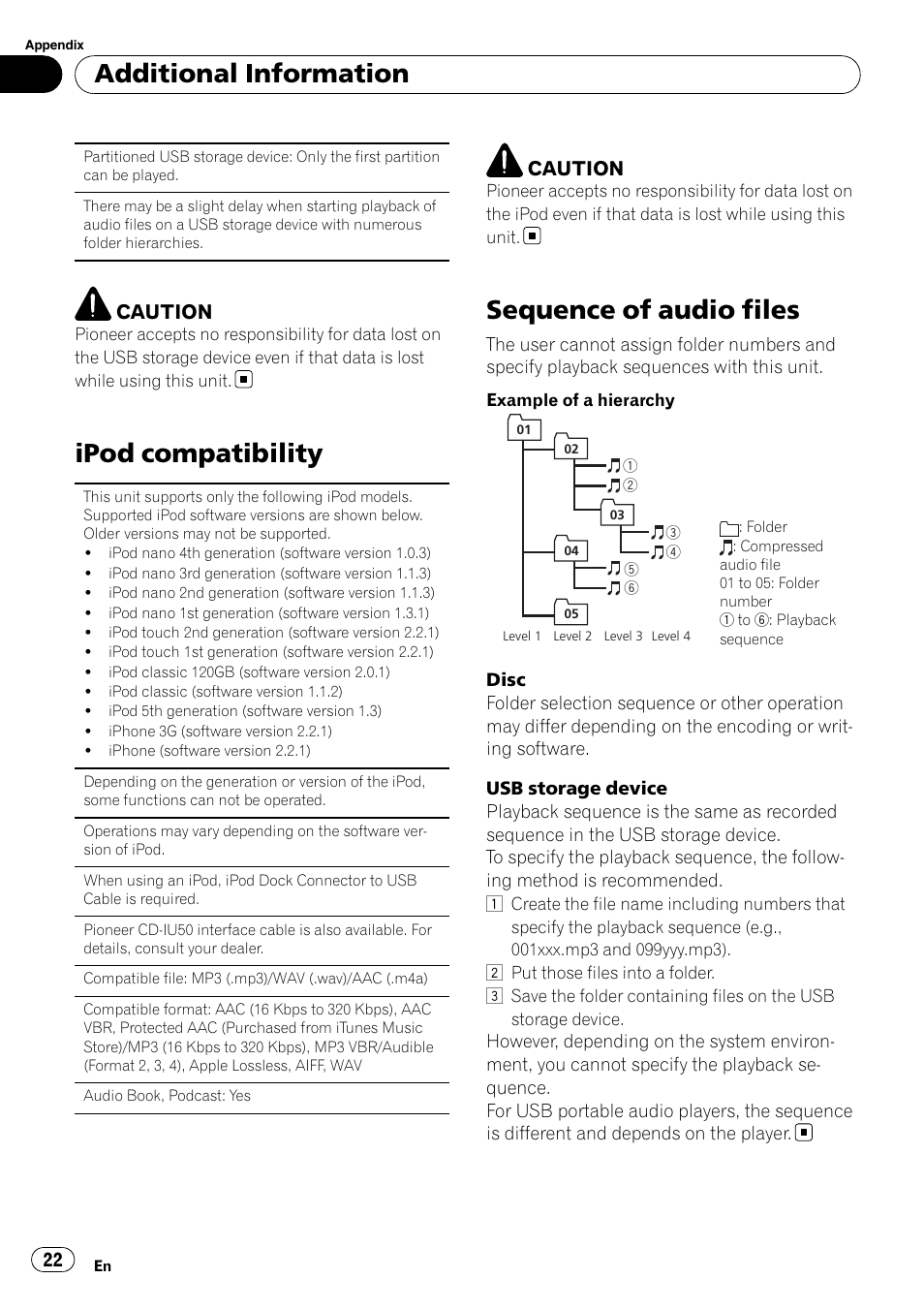 Ipod compatibility, Sequence of audio files, Additional information | Caution | Pioneer DEH-2200UB User Manual | Page 22 / 75