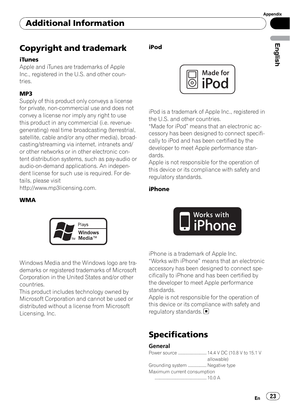 Copyright and trademark, Specifications, Additional information | Pioneer DEH-2200UB User Manual | Page 23 / 75