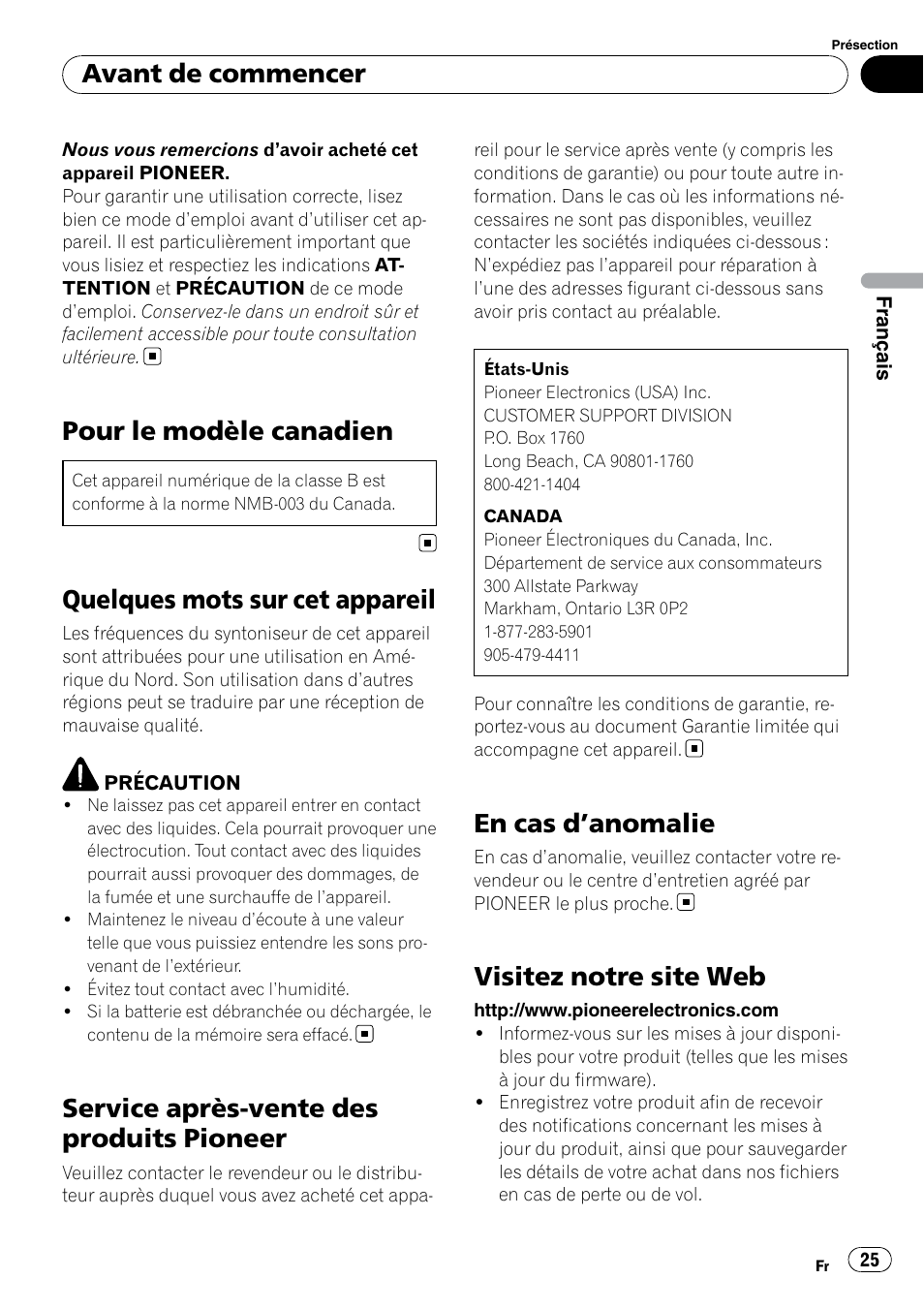 Pour le modèle canadien, Quelques mots sur cet appareil, Service après-vente des produits pioneer | En cas d ’anomalie, Visitez notre site web, Avant de commencer | Pioneer DEH-2200UB User Manual | Page 25 / 75