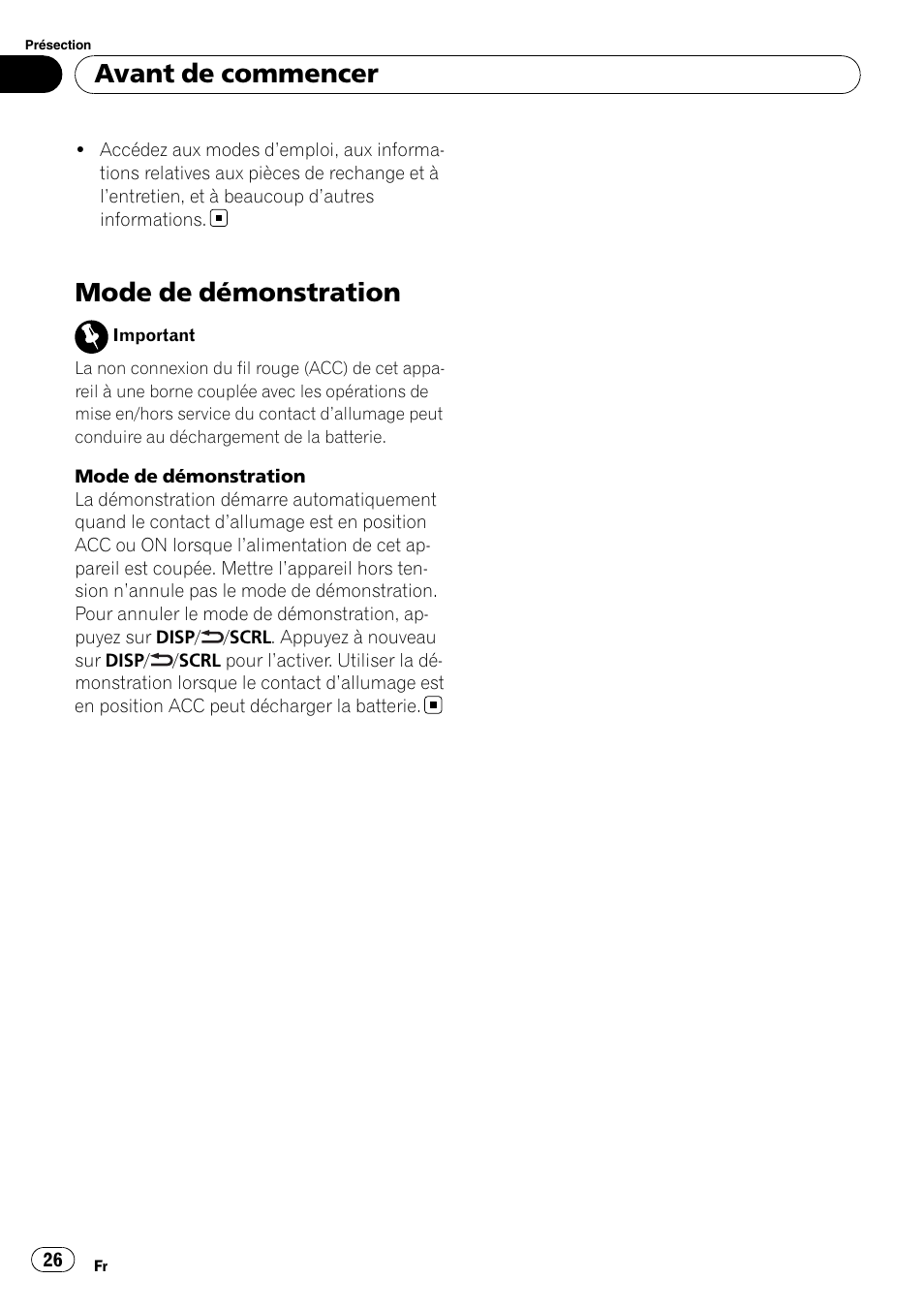 Mode de démonstration, Avant de commencer | Pioneer DEH-2200UB User Manual | Page 26 / 75