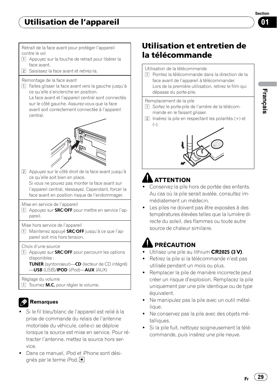 Utilisation et entretien de la télécommande, Utilisation de l ’appareil, Français | Pioneer DEH-2200UB User Manual | Page 29 / 75