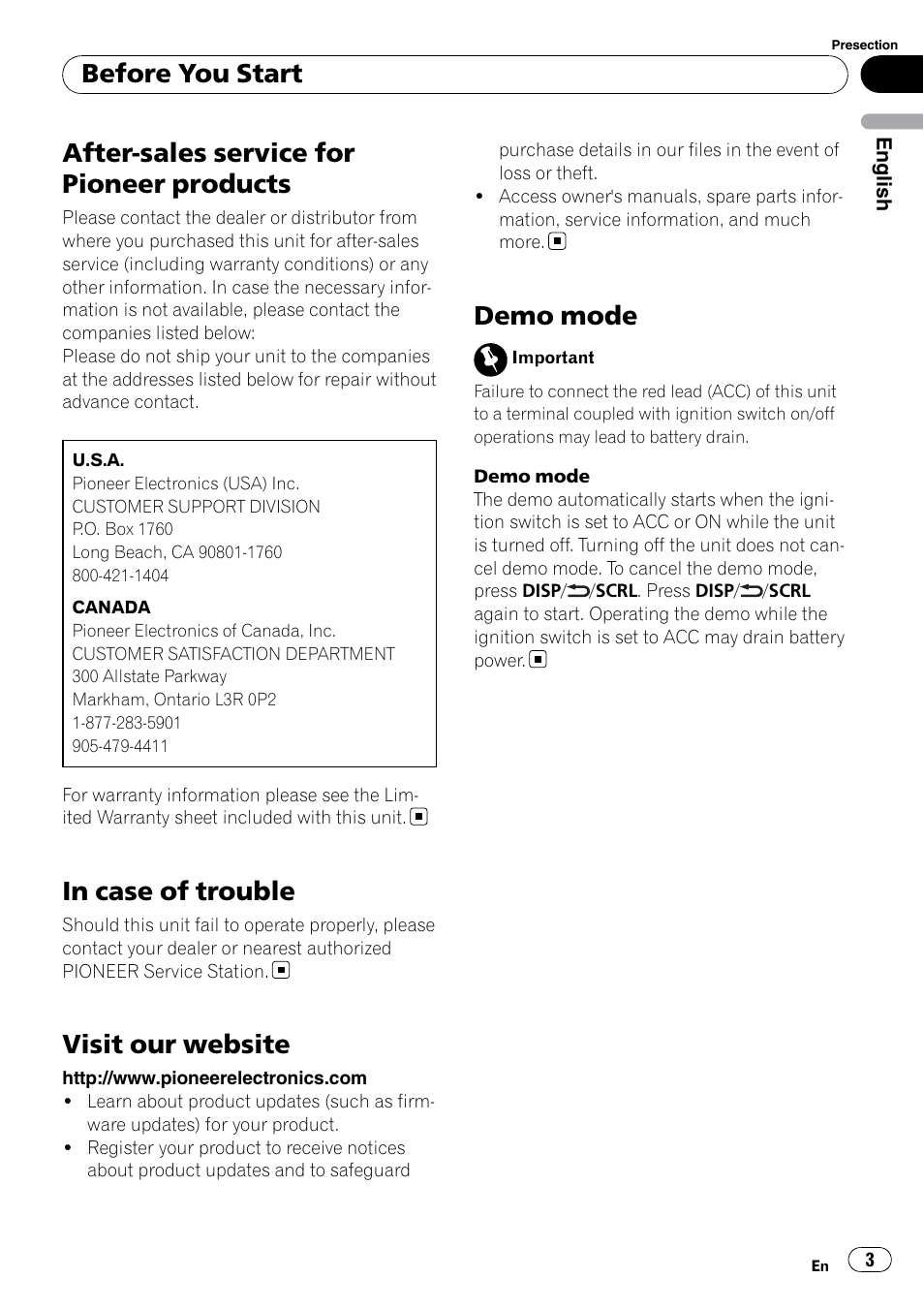 After-sales service for pioneer products, Visit our website, Demo mode | Before you start | Pioneer DEH-2200UB User Manual | Page 3 / 75