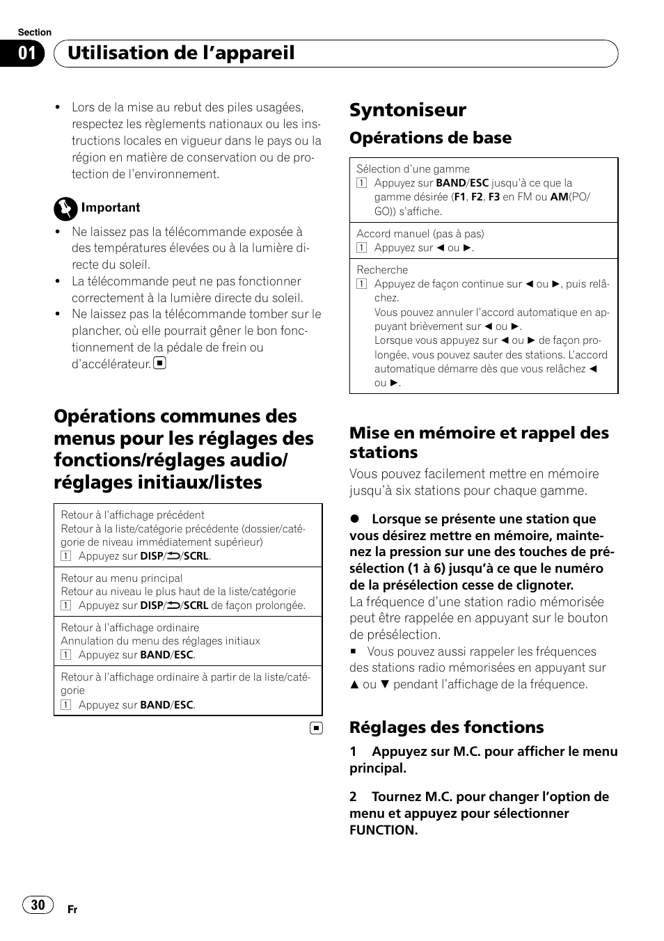 Syntoniseur, Utilisation de l ’appareil, Opérations de base | Mise en mémoire et rappel des stations, Réglages des fonctions | Pioneer DEH-2200UB User Manual | Page 30 / 75