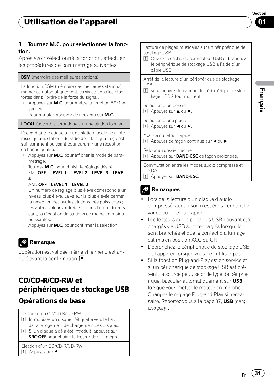 Cd/cd-r/cd-rw et périphériques de stockage usb, Utilisation de l ’appareil, Opérations de base | Français | Pioneer DEH-2200UB User Manual | Page 31 / 75