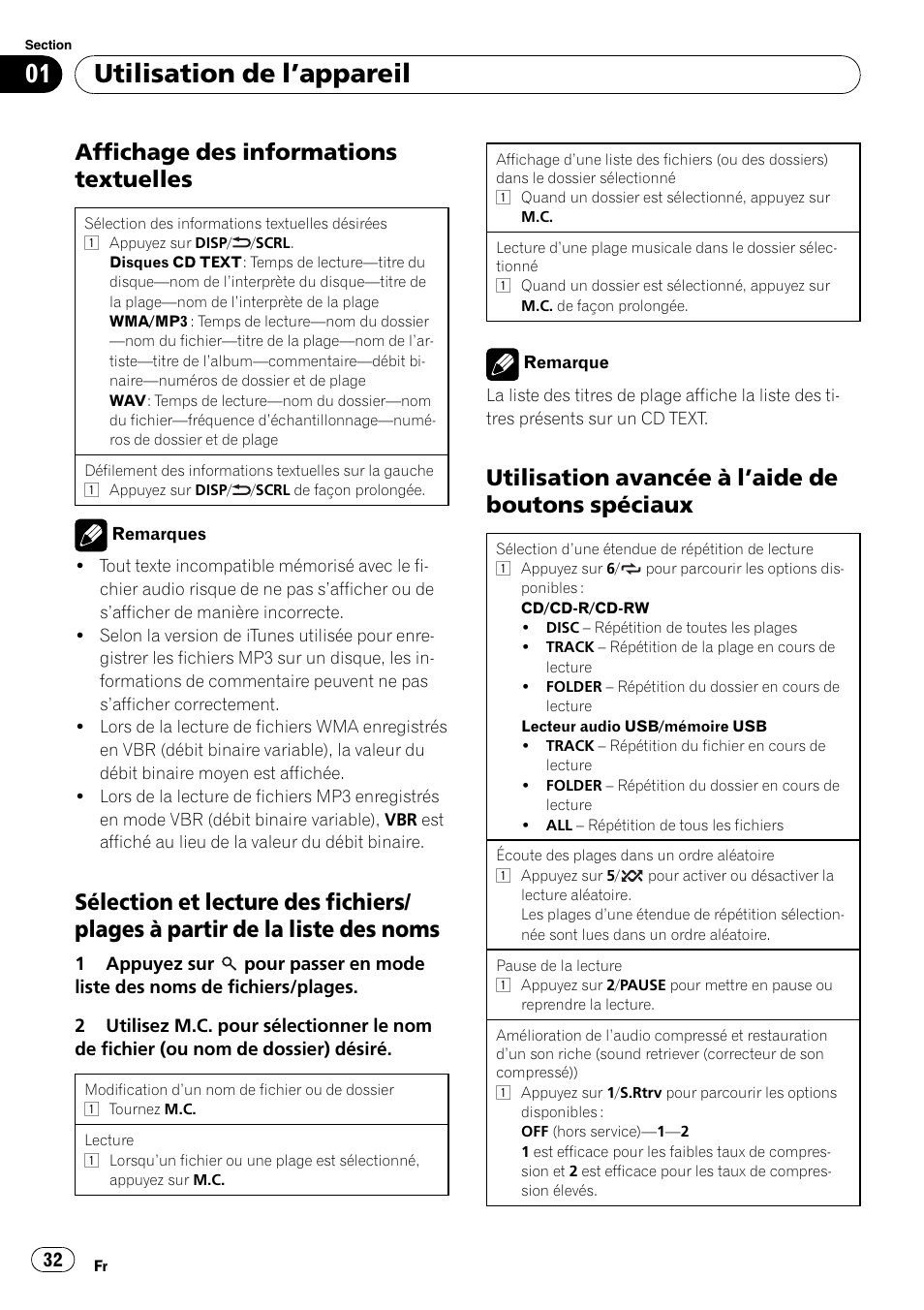 Utilisation de l ’appareil, Affichage des informations textuelles, Utilisation avancée à l ’aide de boutons spéciaux | Pioneer DEH-2200UB User Manual | Page 32 / 75