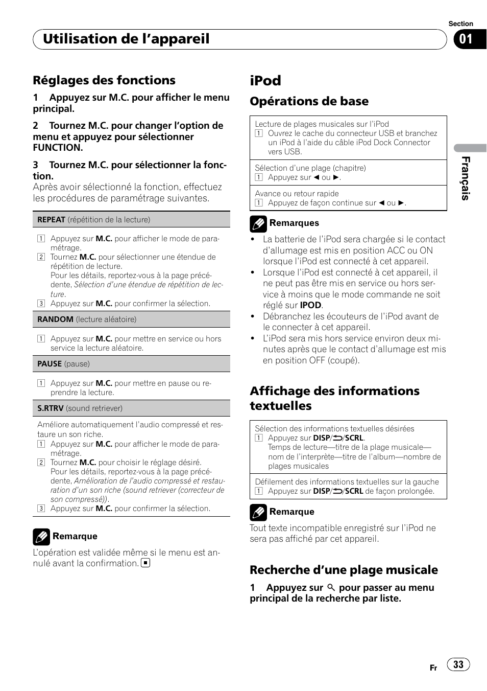 Ipod, Utilisation de l ’appareil, Réglages des fonctions | Opérations de base, Affichage des informations textuelles, Recherche d ’une plage musicale, Français | Pioneer DEH-2200UB User Manual | Page 33 / 75