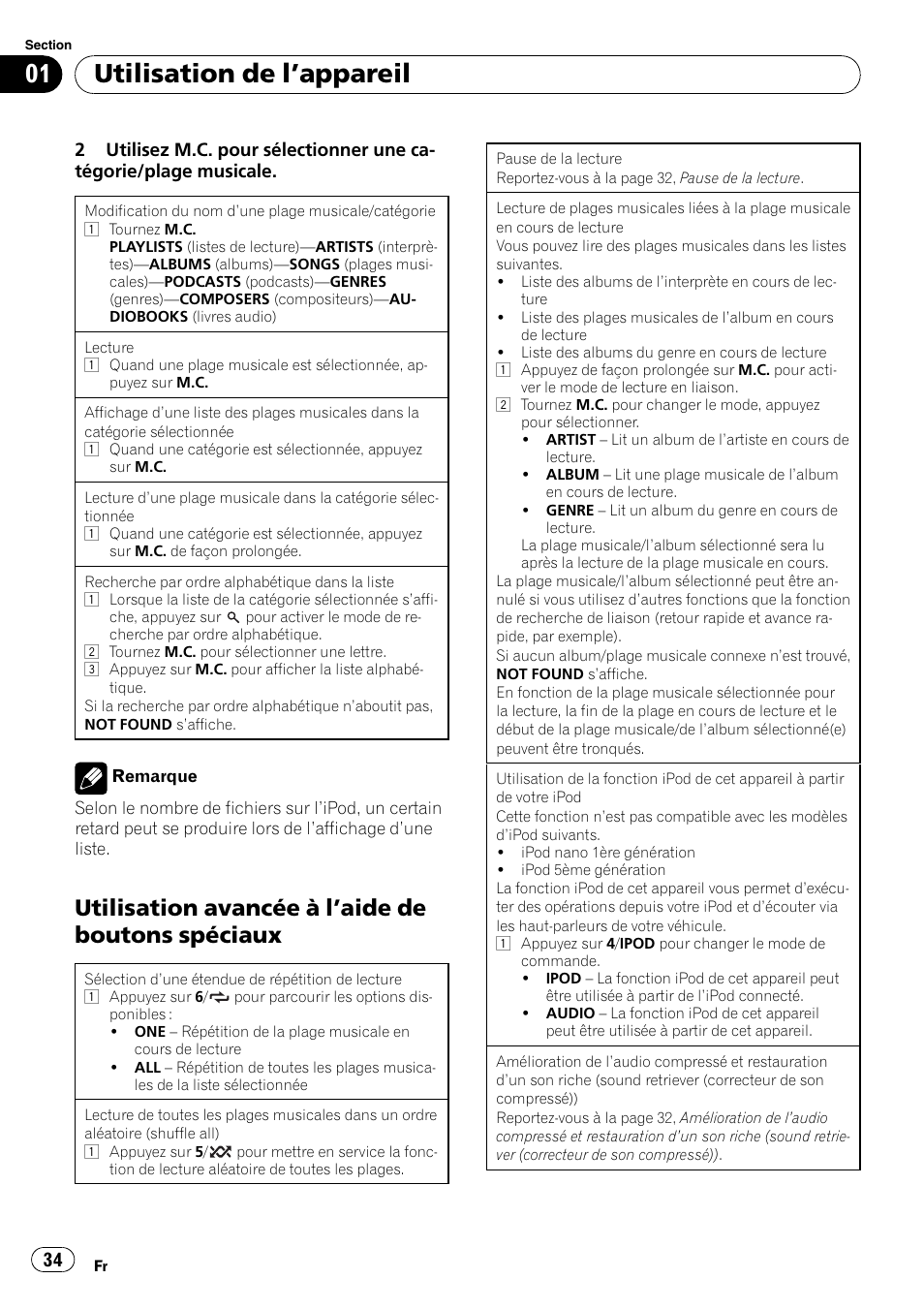 Utilisation de l ’appareil, Utilisation avancée à l ’aide de boutons spéciaux | Pioneer DEH-2200UB User Manual | Page 34 / 75