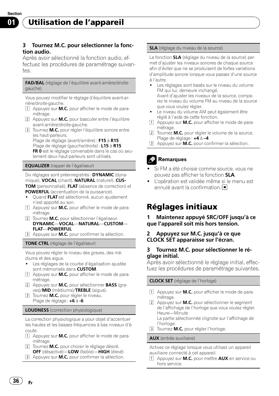 Réglages initiaux, Utilisation de l ’appareil | Pioneer DEH-2200UB User Manual | Page 36 / 75