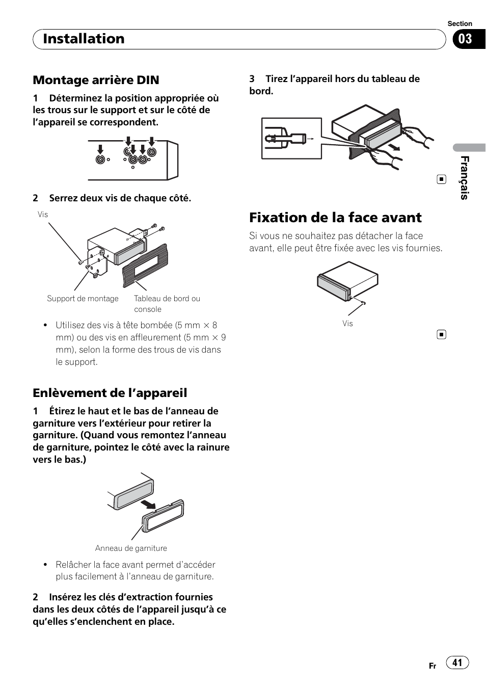 Fixation de la face avant, Installation, Montage arrière din | Enlèvement de l ’appareil | Pioneer DEH-2200UB User Manual | Page 41 / 75