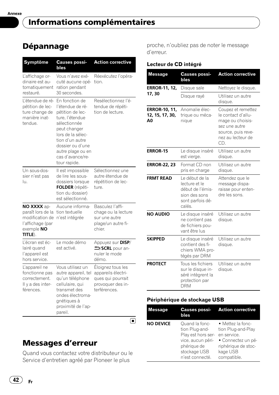 Dépannage, Messages d ’erreur, Informations complémentaires | Pioneer DEH-2200UB User Manual | Page 42 / 75