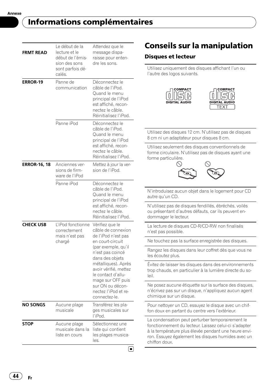 Conseils sur la manipulation, Informations complémentaires, Disques et lecteur | Pioneer DEH-2200UB User Manual | Page 44 / 75