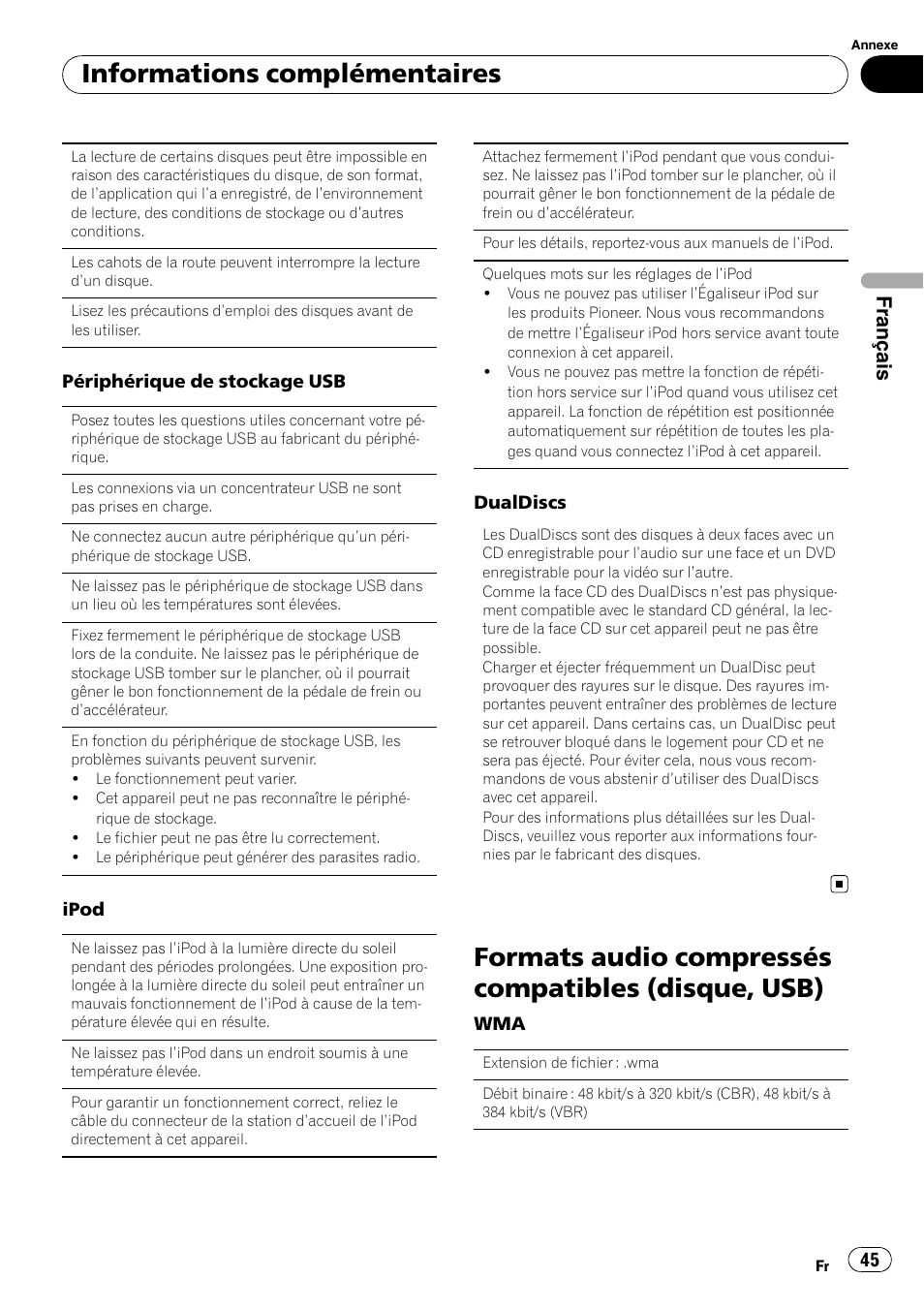 Formats audio compressés compatibles (disque, usb), Informations complémentaires, Français | Pioneer DEH-2200UB User Manual | Page 45 / 75