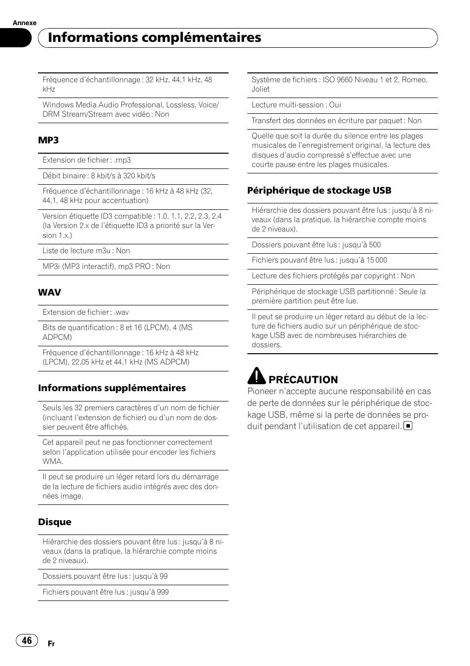 Informations complémentaires, Précaution | Pioneer DEH-2200UB User Manual | Page 46 / 75