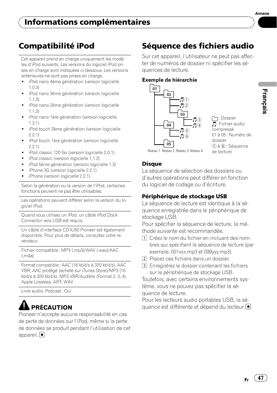 Compatibilité ipod, Séquence des fichiers audio, Informations complémentaires | Français, Précaution | Pioneer DEH-2200UB User Manual | Page 47 / 75