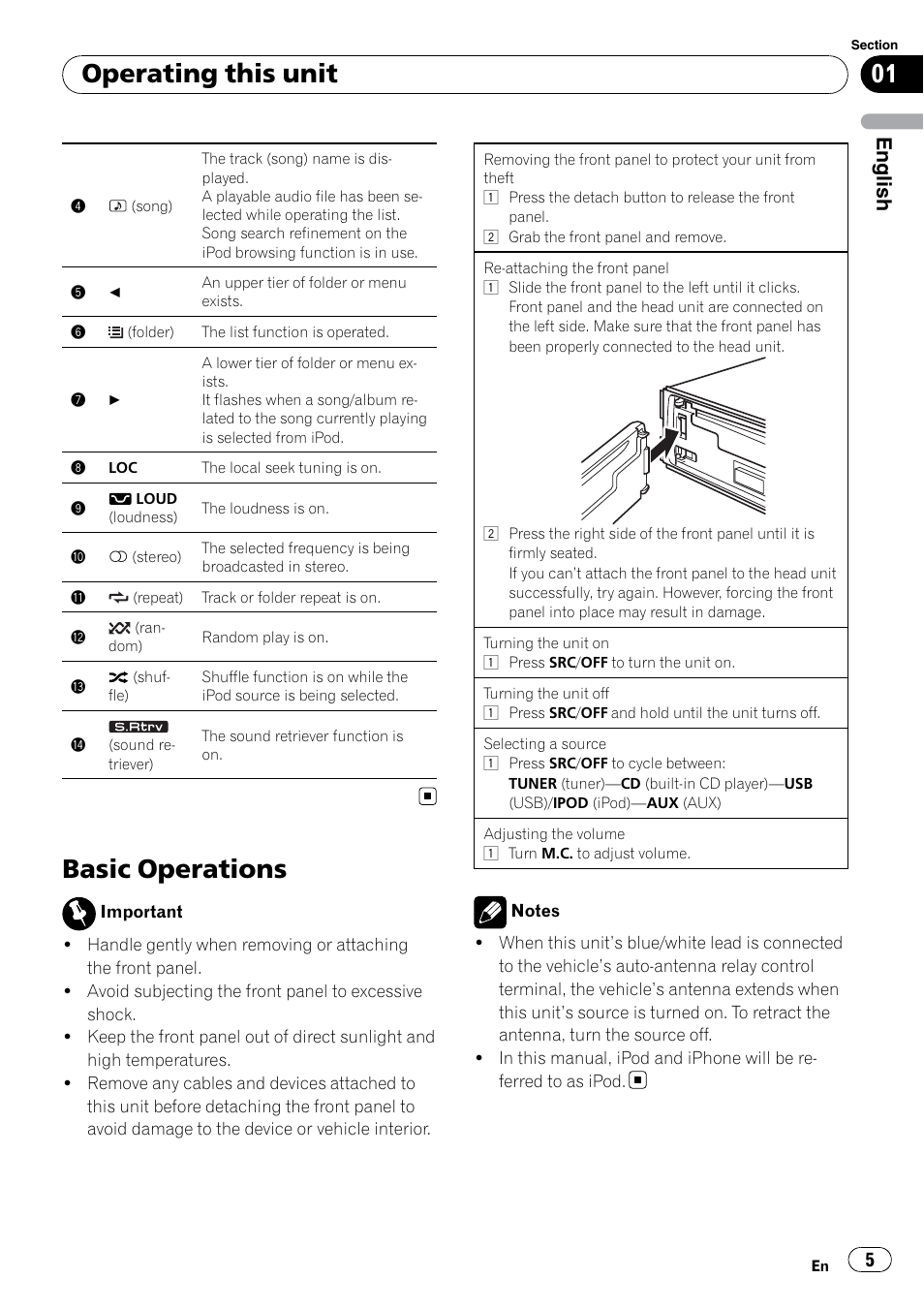 Basic operations, Operating this unit, English | Pioneer DEH-2200UB User Manual | Page 5 / 75