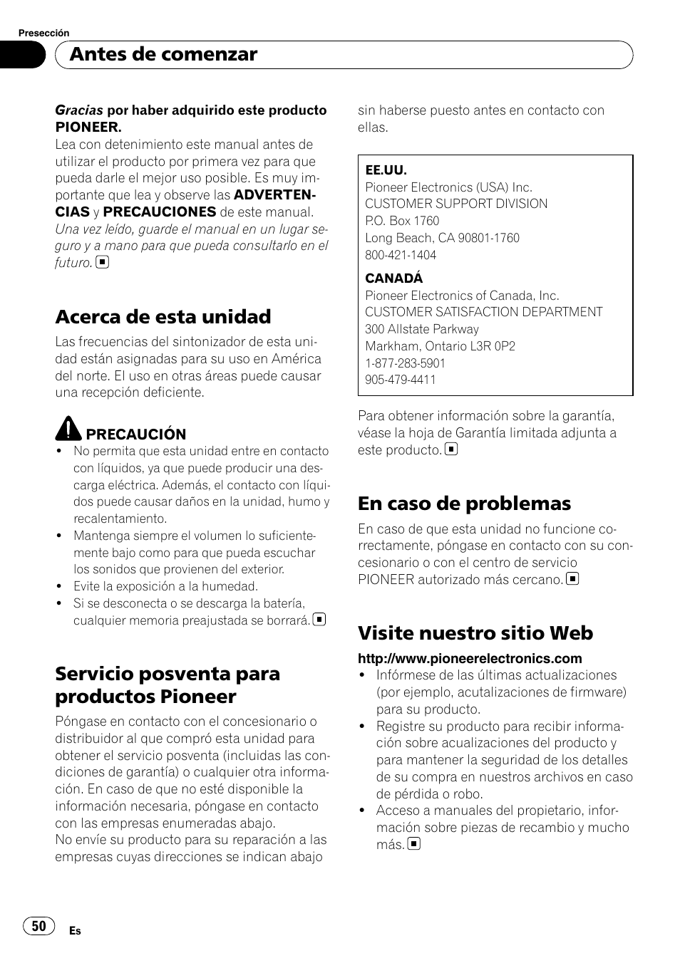 Acerca de esta unidad, Servicio posventa para productos pioneer, En caso de problemas | Visite nuestro sitio web, Antes de comenzar | Pioneer DEH-2200UB User Manual | Page 50 / 75