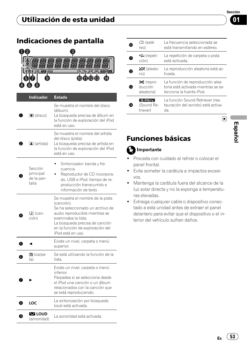 Indicaciones de pantalla, Funciones básicas, Utilización de esta unidad | Español | Pioneer DEH-2200UB User Manual | Page 53 / 75