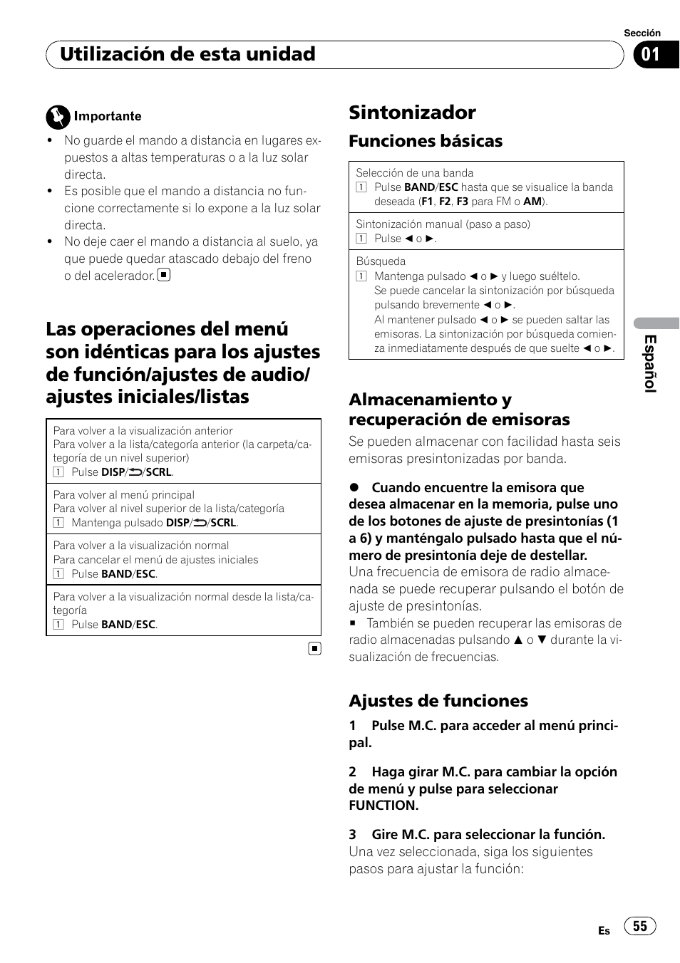 Sintonizador, Utilización de esta unidad, Funciones básicas | Almacenamiento y recuperación de emisoras, Ajustes de funciones | Pioneer DEH-2200UB User Manual | Page 55 / 75