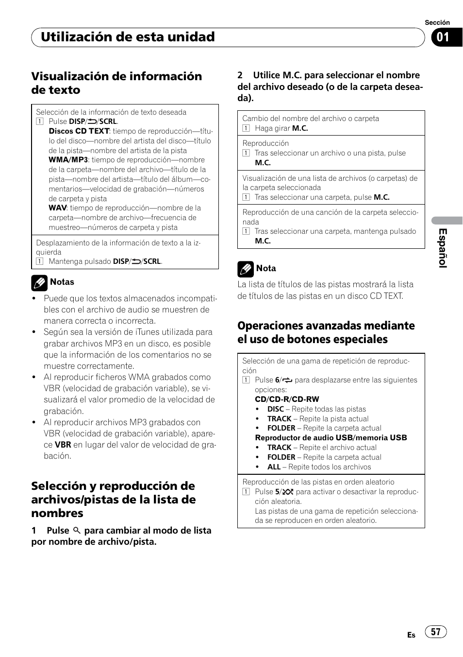 Utilización de esta unidad, Visualización de información de texto, Español | Pioneer DEH-2200UB User Manual | Page 57 / 75