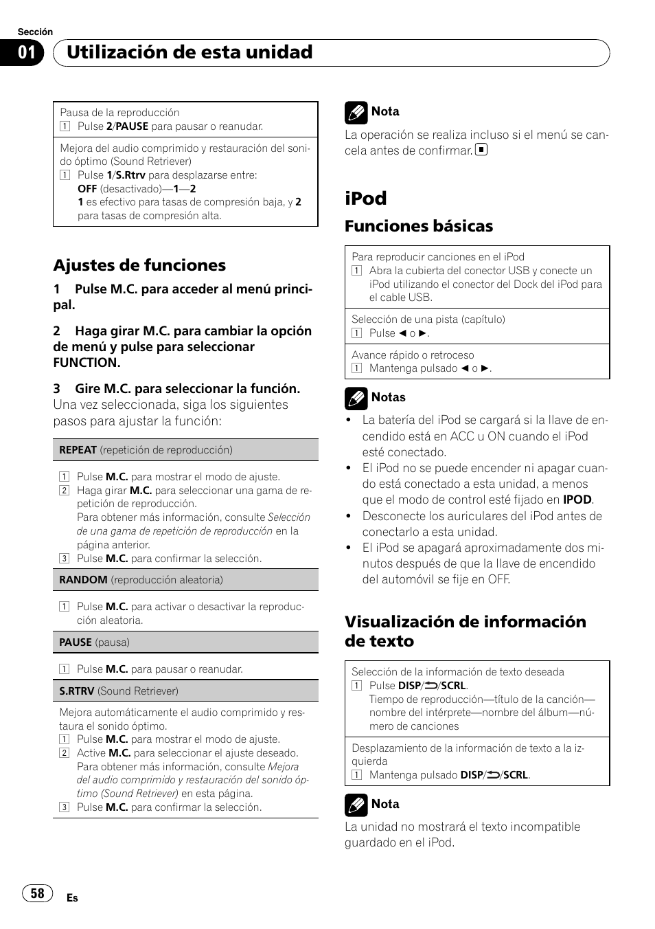 Ipod, Utilización de esta unidad, Ajustes de funciones | Funciones básicas, Visualización de información de texto | Pioneer DEH-2200UB User Manual | Page 58 / 75