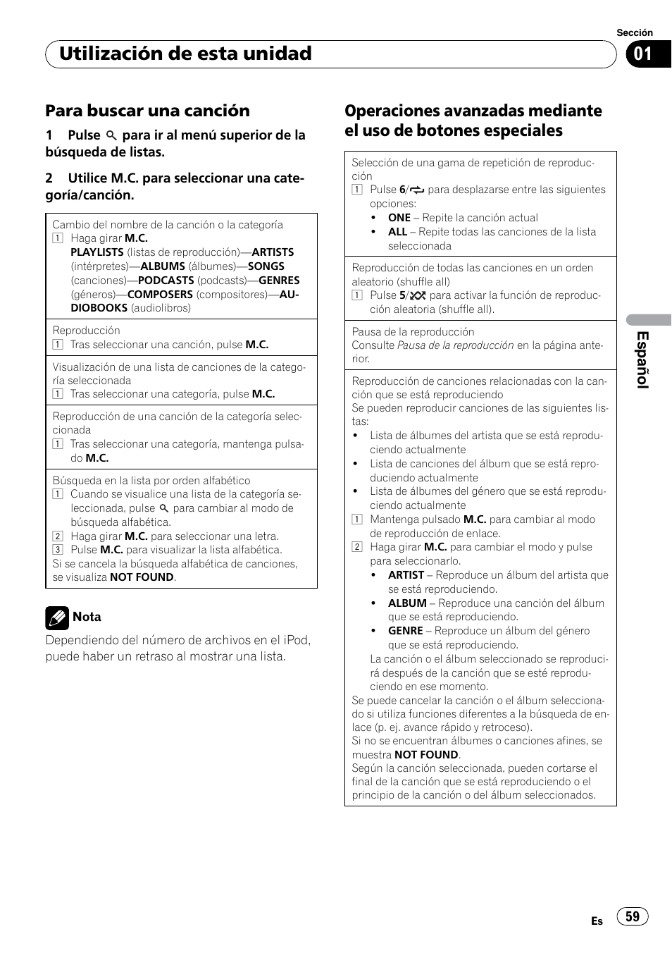 Utilización de esta unidad, Para buscar una canción, Español | Pioneer DEH-2200UB User Manual | Page 59 / 75