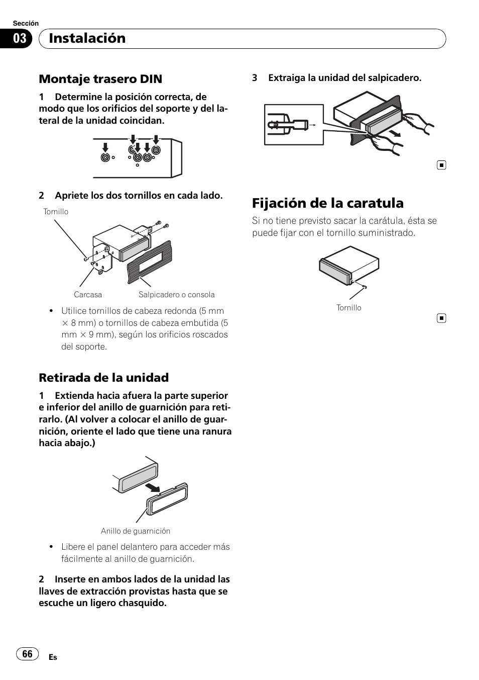 Fijación de la caratula, Instalación, Montaje trasero din | Retirada de la unidad | Pioneer DEH-2200UB User Manual | Page 66 / 75