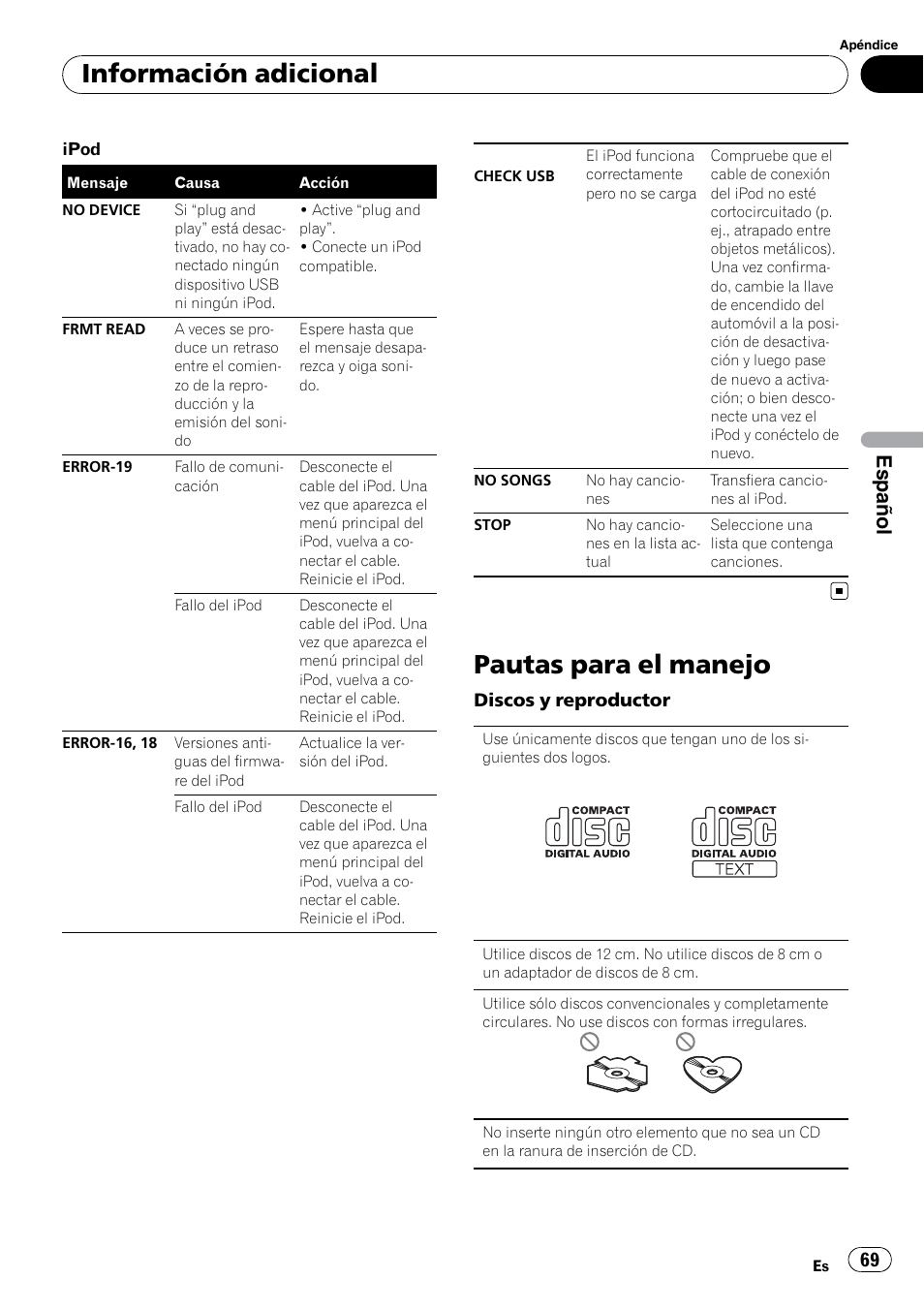 Pautas para el manejo, Información adicional, Español | Pioneer DEH-2200UB User Manual | Page 69 / 75