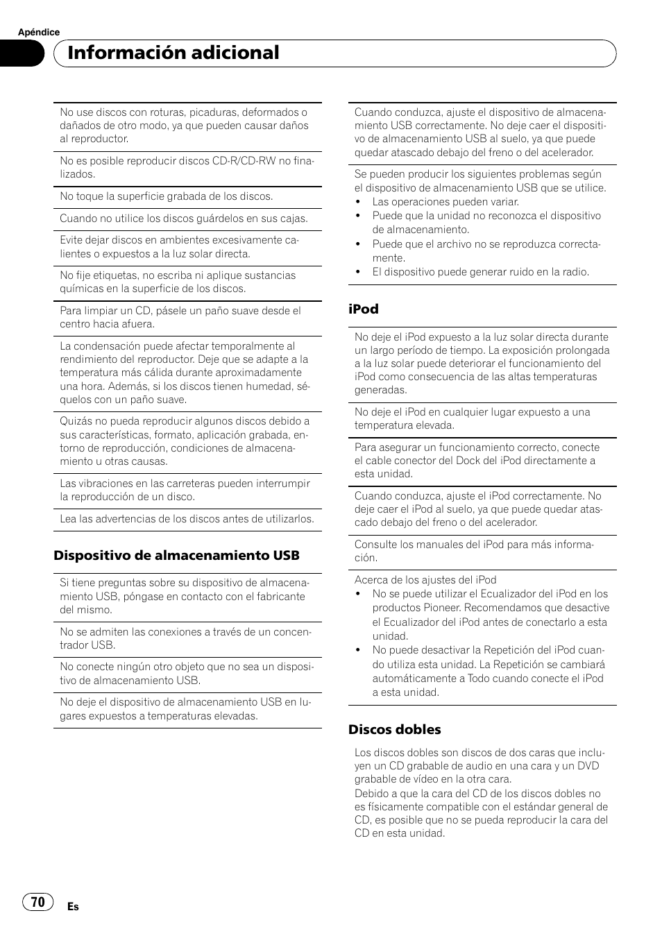 Información adicional | Pioneer DEH-2200UB User Manual | Page 70 / 75