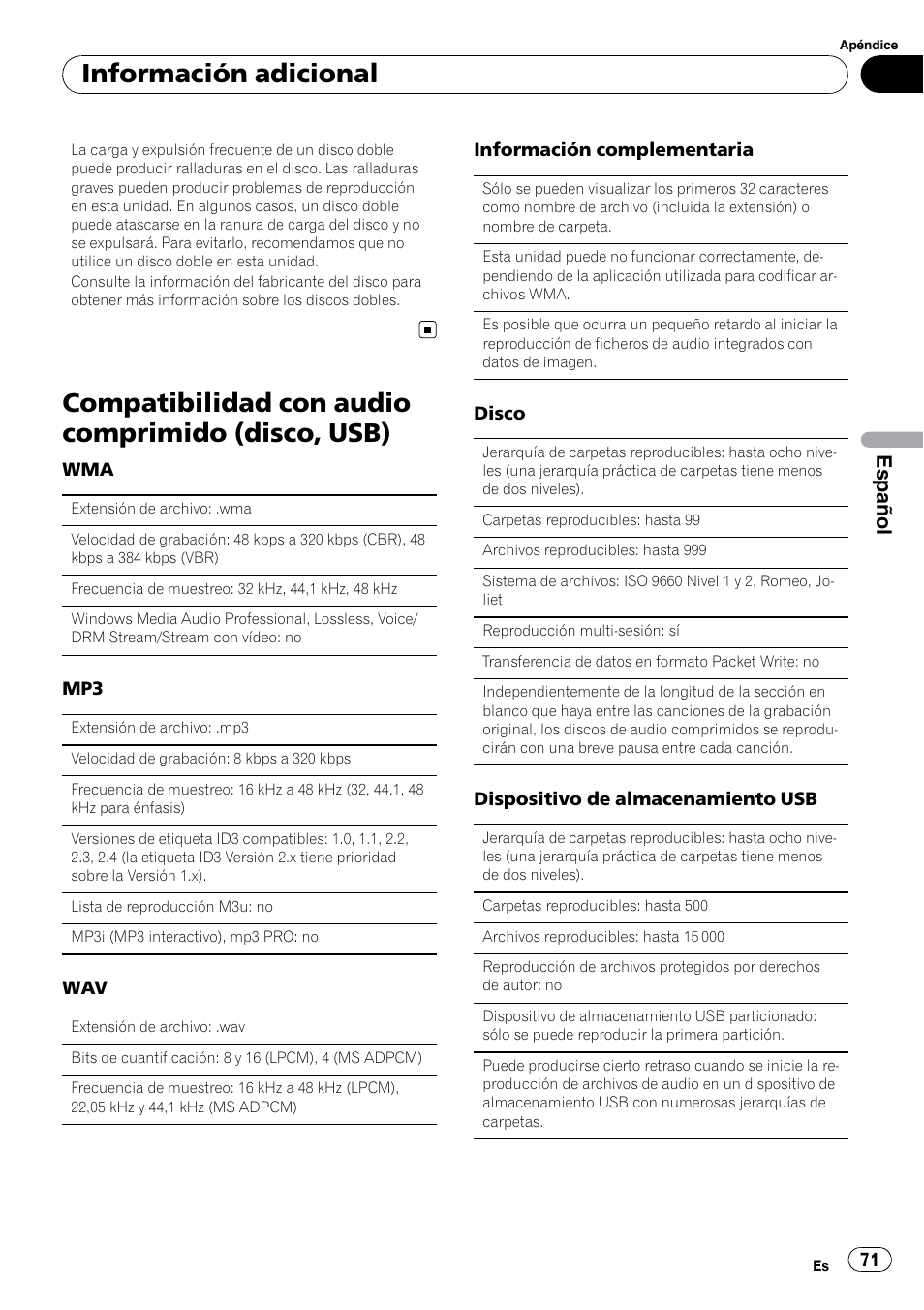 Compatibilidad con audio comprimido (disco, usb), Información adicional, Español | Pioneer DEH-2200UB User Manual | Page 71 / 75