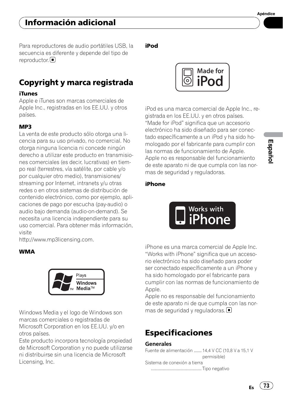 Copyright y marca registrada, Especificaciones, Información adicional | Pioneer DEH-2200UB User Manual | Page 73 / 75