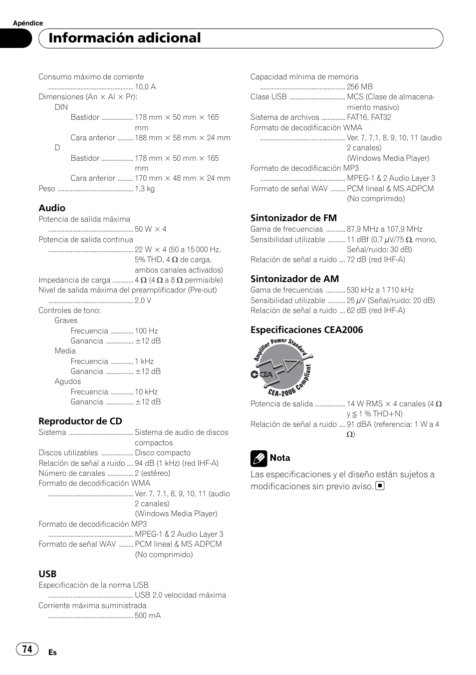 Información adicional | Pioneer DEH-2200UB User Manual | Page 74 / 75