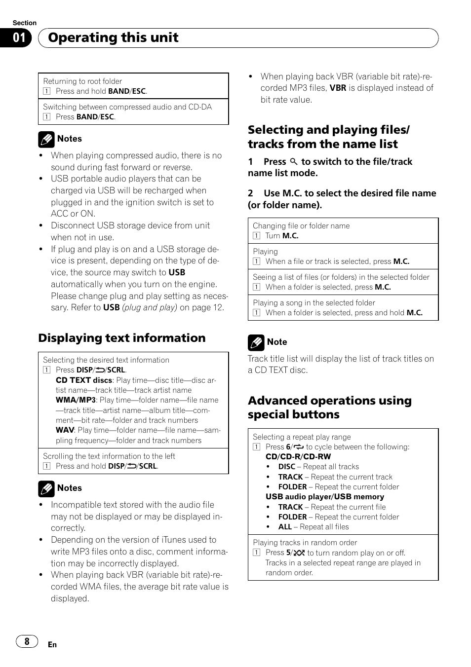 Operating this unit, Displaying text information, Advanced operations using special buttons | Pioneer DEH-2200UB User Manual | Page 8 / 75