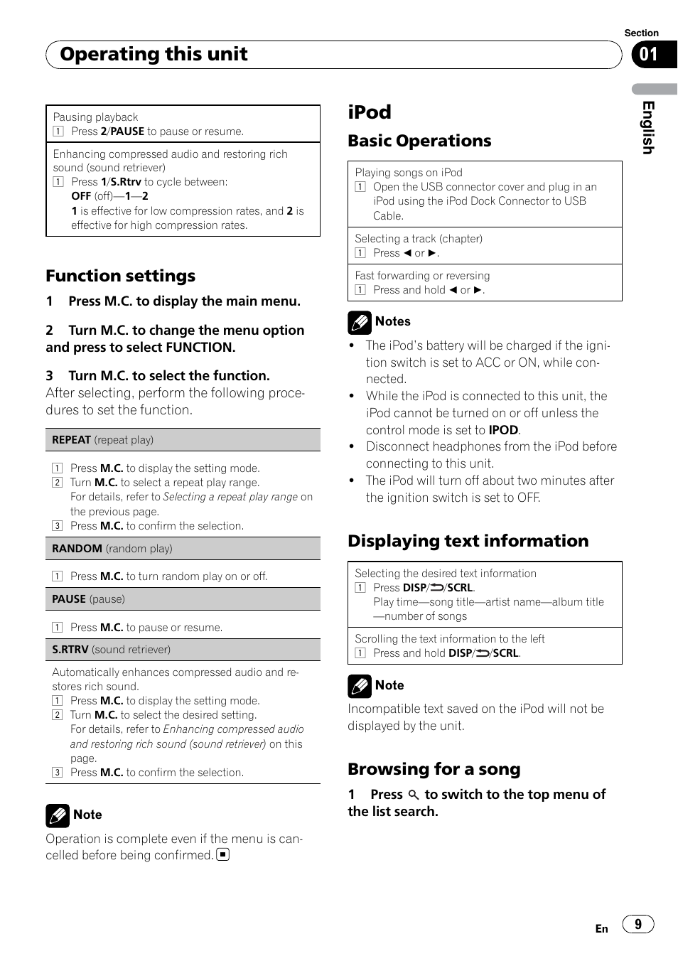 Ipod, Operating this unit, Function settings | Basic operations, Displaying text information, Browsing for a song | Pioneer DEH-2200UB User Manual | Page 9 / 75