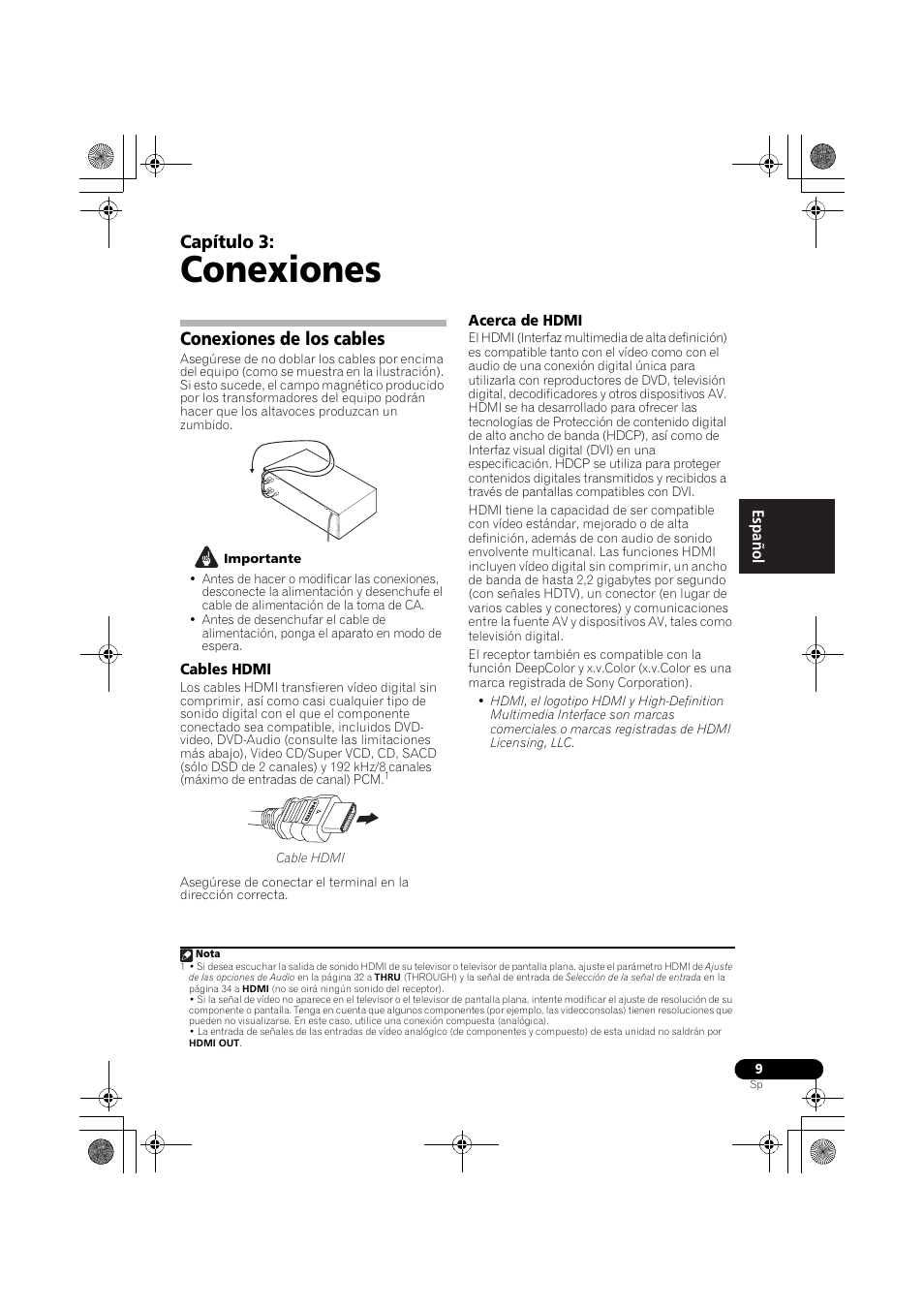 Conexiones de los cables, Cables hdmi acerca de hdmi, Conexiones | Capítulo 3 | Pioneer VSX-519V-K User Manual | Page 103 / 144
