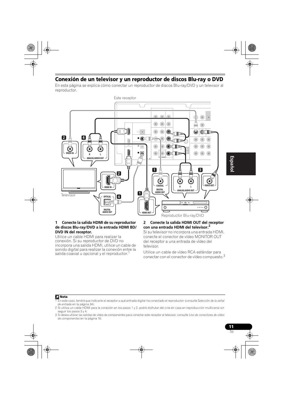 Conexión de un televisor y un reproductor, De discos blu-ray o dvd, English français español | Nota | Pioneer VSX-519V-K User Manual | Page 105 / 144