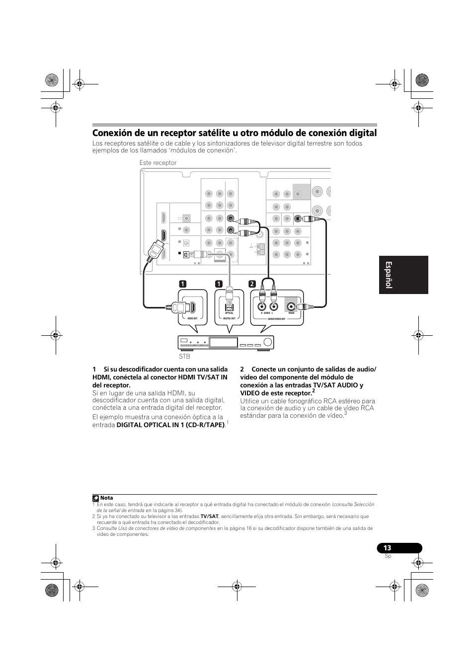 Conexión de un receptor satélite u otro, Módulo de conexión digital, English français español | 12 stb este receptor, Nota | Pioneer VSX-519V-K User Manual | Page 107 / 144