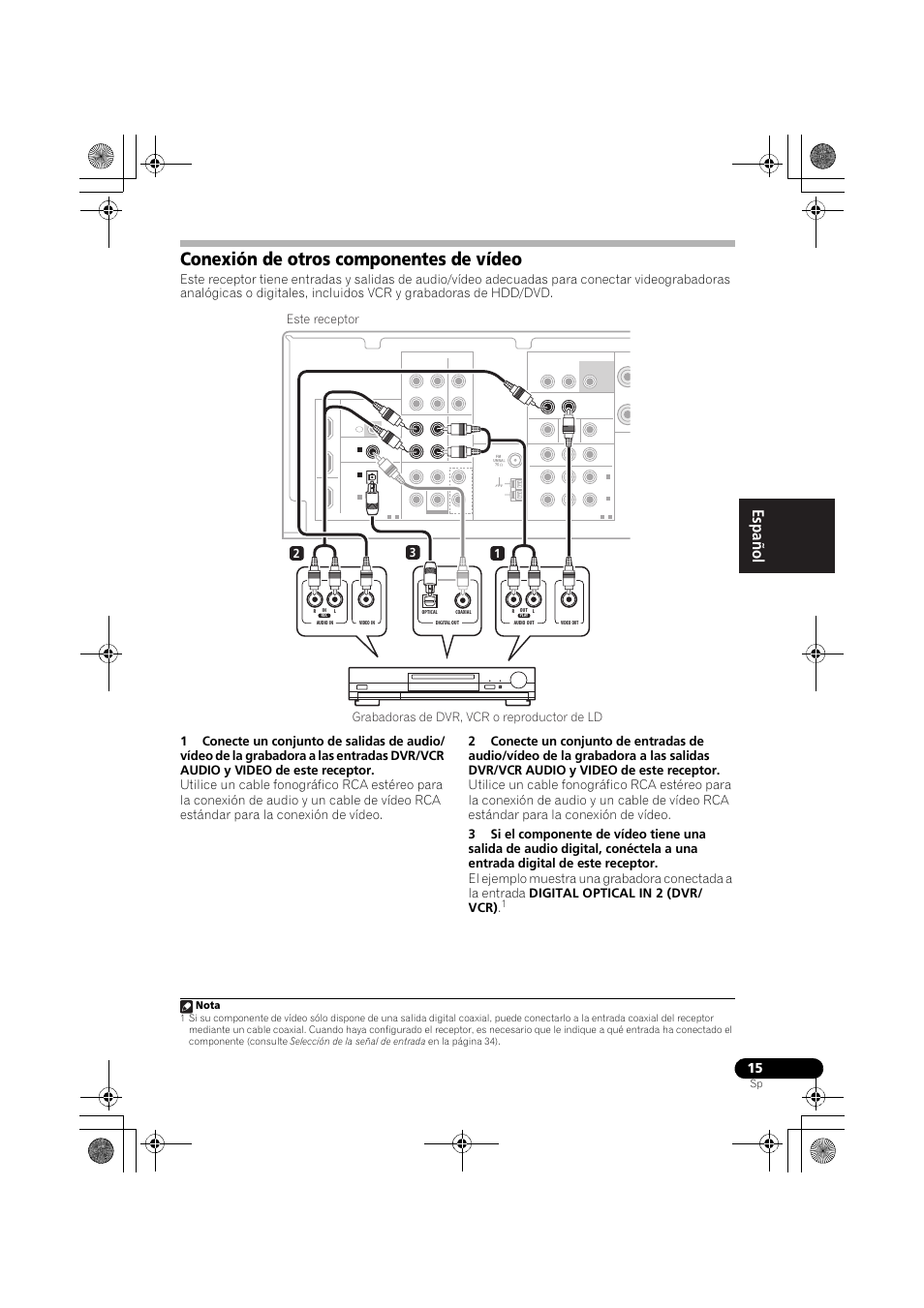 Conexión de otros componentes de vídeo, English français español, Nota | Pioneer VSX-519V-K User Manual | Page 109 / 144