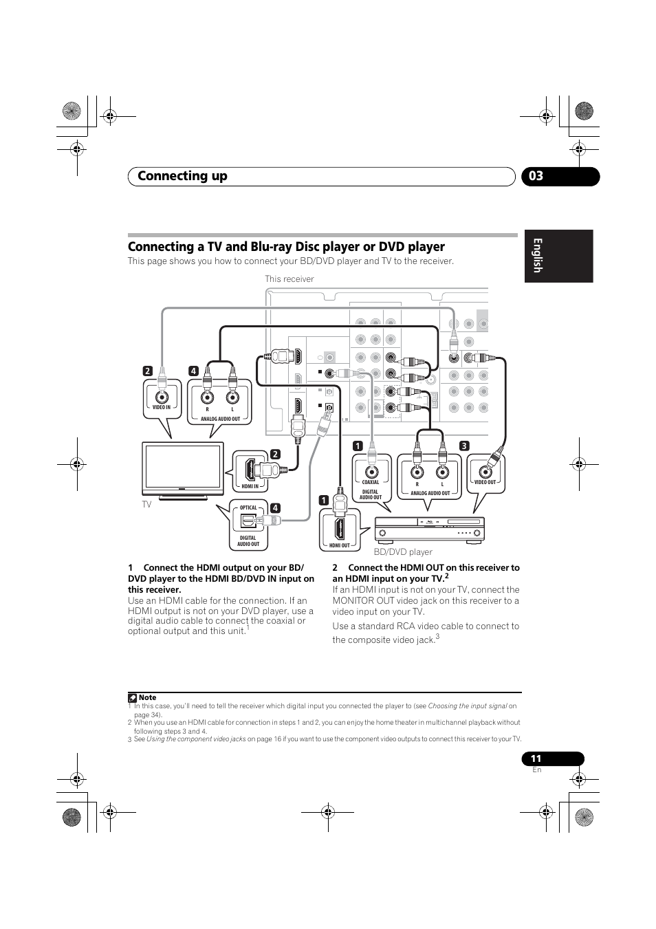 Connecting a tv and blu-ray disc player or, Dvd player, Connecting up 03 | Engli sh françai s e spañol | Pioneer VSX-519V-K User Manual | Page 11 / 144