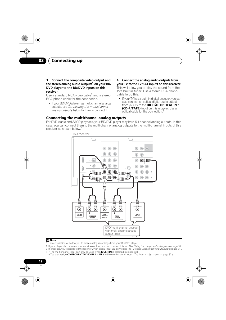 Connecting the multichannel analog outputs, Connecting up 03, This receiver | Pioneer VSX-519V-K User Manual | Page 12 / 144