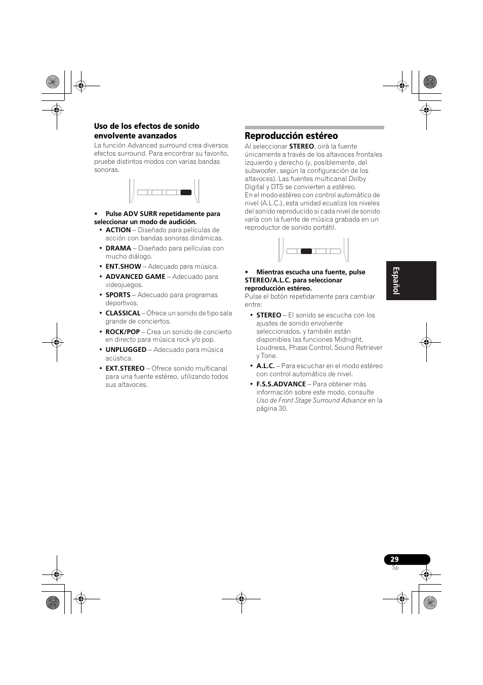 Uso de los efectos de sonido envolvente avanzados, Reproducción estéreo, English français español | Pioneer VSX-519V-K User Manual | Page 123 / 144