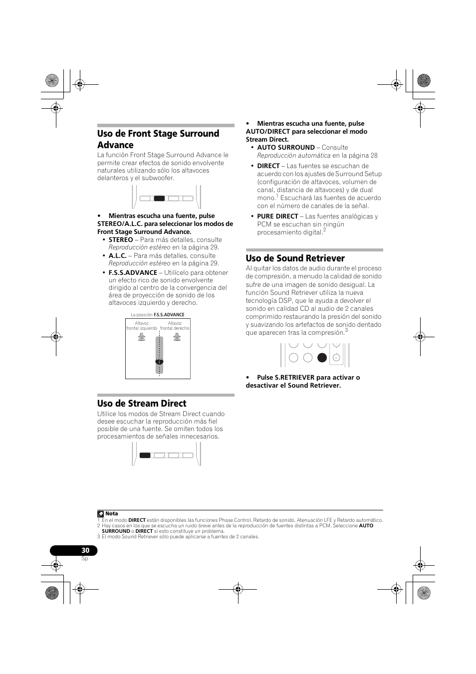 Uso de front stage surround advance, Uso de stream direct, Uso de sound retriever | Pioneer VSX-519V-K User Manual | Page 124 / 144