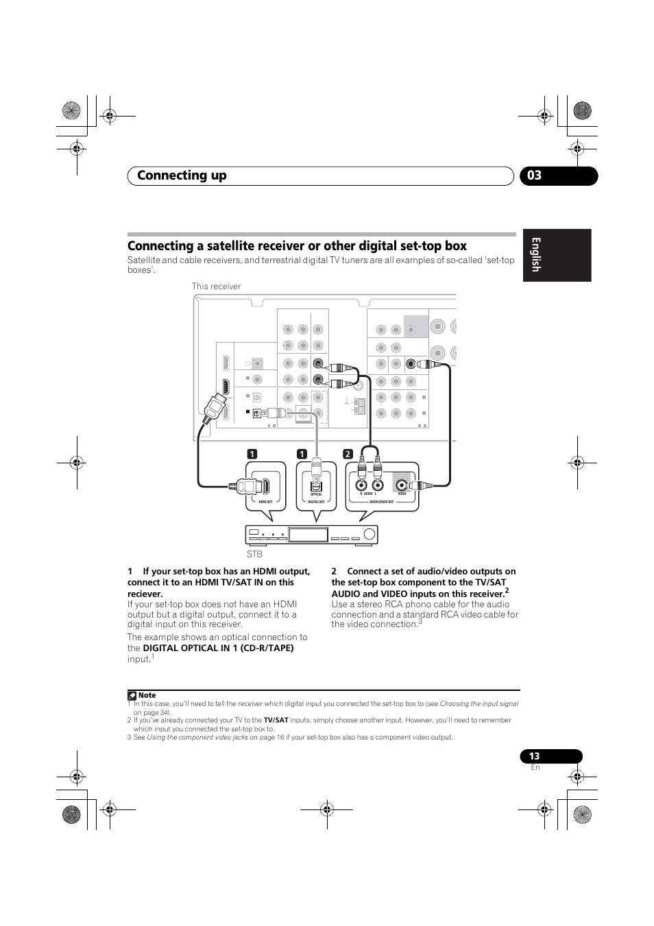 Connecting a satellite receiver or other digital, Set-top box, Connecting up 03 | Engli sh françai s e spañol, 12 stb this receiver | Pioneer VSX-519V-K User Manual | Page 13 / 144