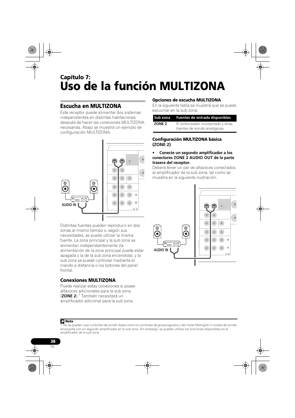 Escucha en multizona, Conexiones multizona, Uso de la función multizona | Capítulo 7, Opciones de escucha multizona, Configuración multizona básica (zone 2), Audio in, Nota | Pioneer VSX-519V-K User Manual | Page 132 / 144