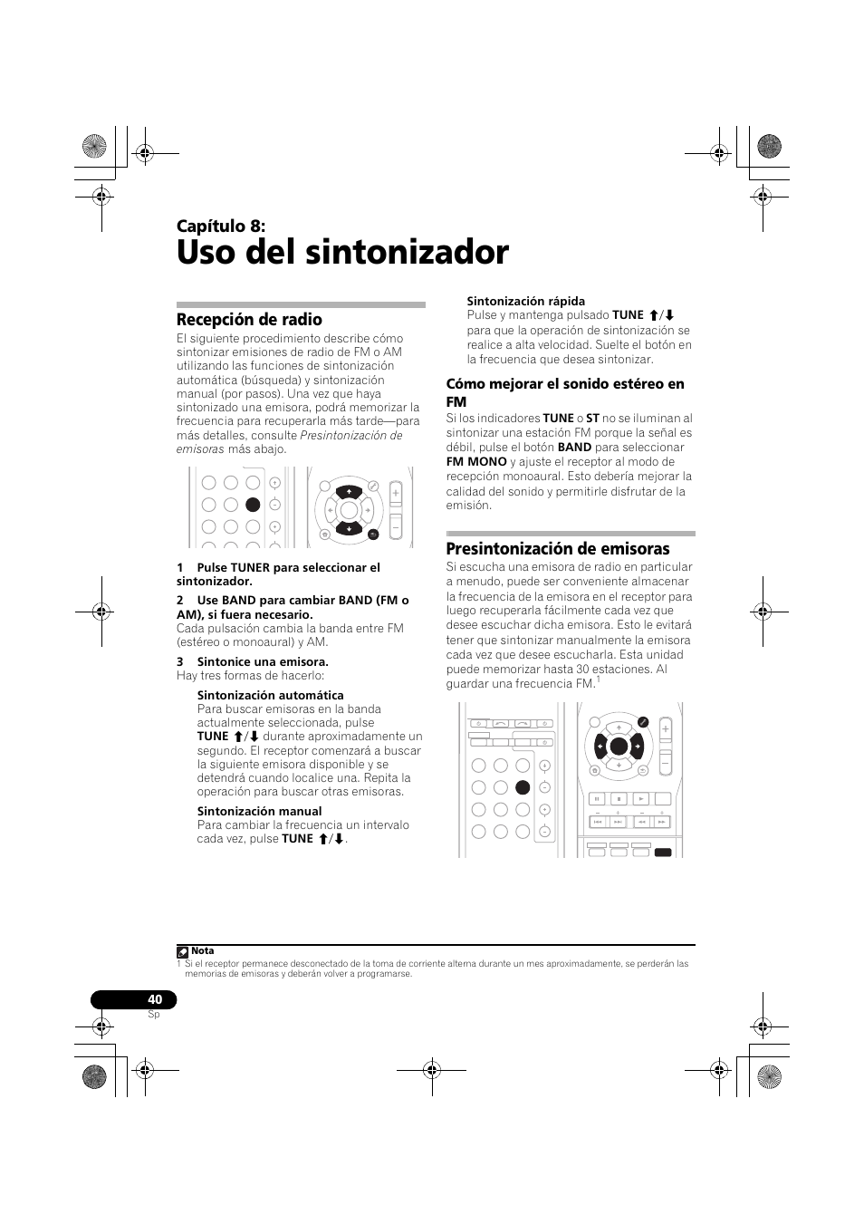 Recepción de radio, Cómo mejorar el sonido estéreo en fm, Presintonización de emisoras | Uso del sintonizador, Capítulo 8, Nota | Pioneer VSX-519V-K User Manual | Page 134 / 144
