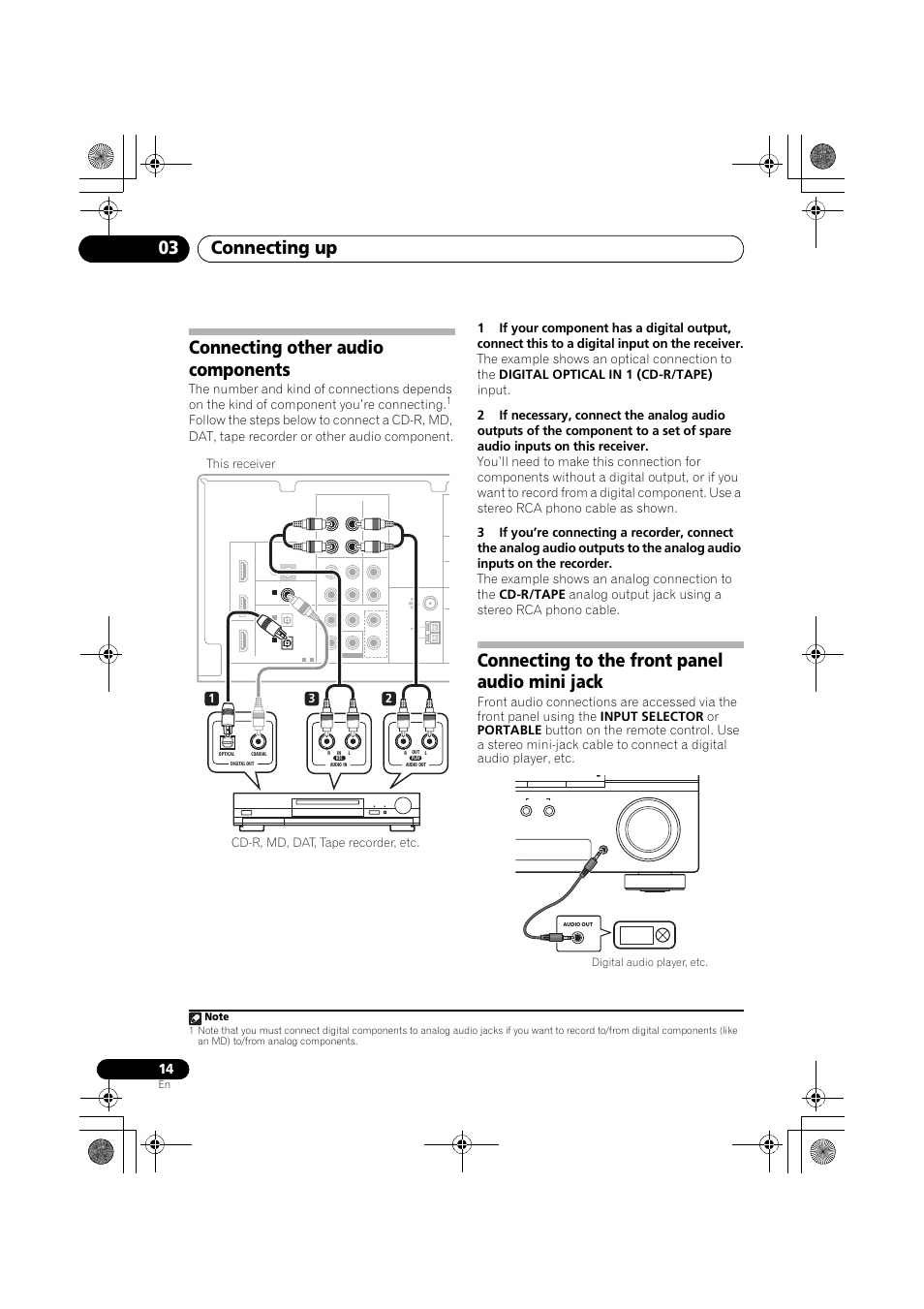 Connecting other audio components, Connecting to the front panel audio, Mini jack | Connecting up 03, Connecting to the front panel audio mini jack | Pioneer VSX-519V-K User Manual | Page 14 / 144