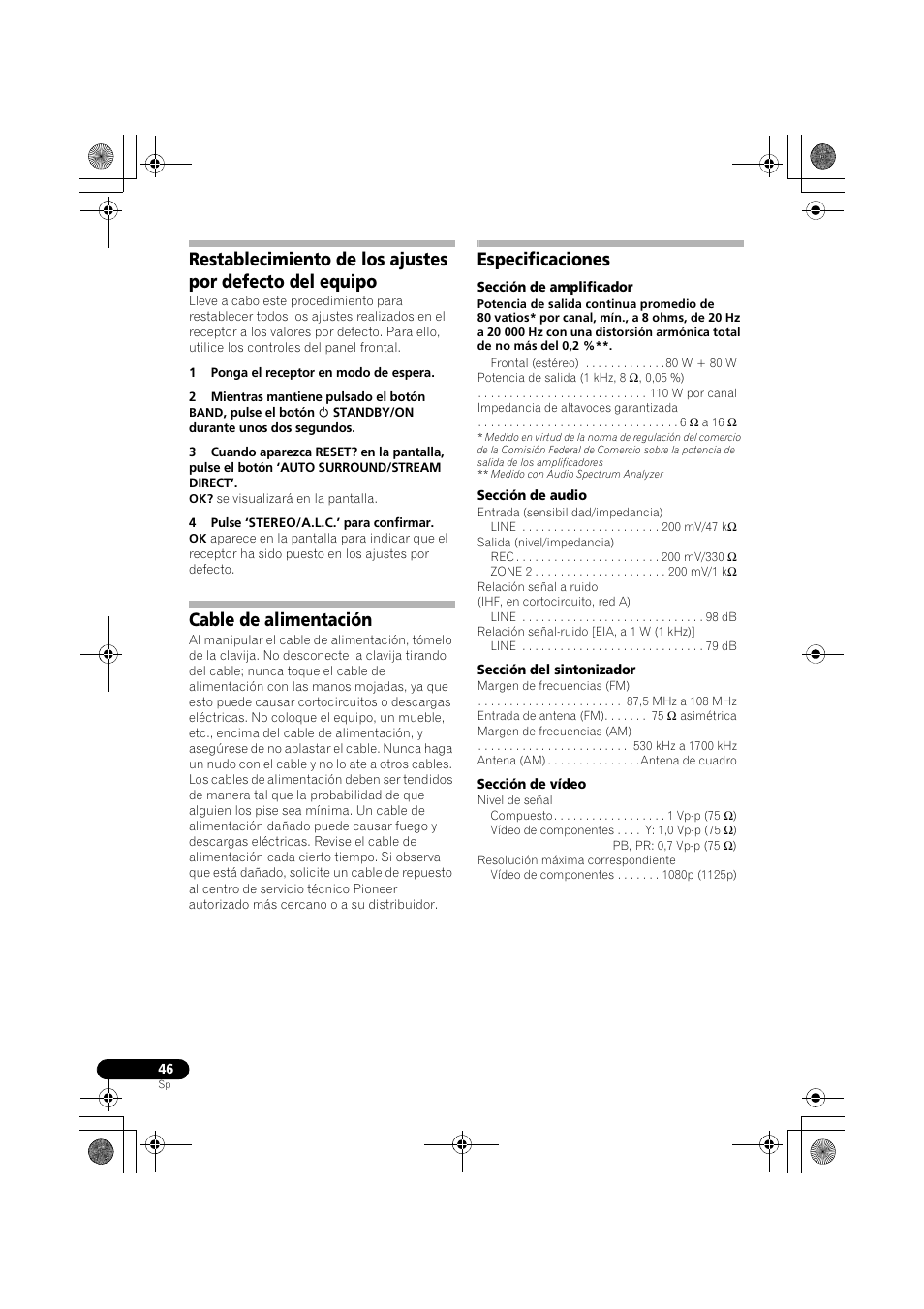 Restablecimiento de los ajustes por, Defecto del equipo, Cable de alimentación | Especificaciones | Pioneer VSX-519V-K User Manual | Page 140 / 144