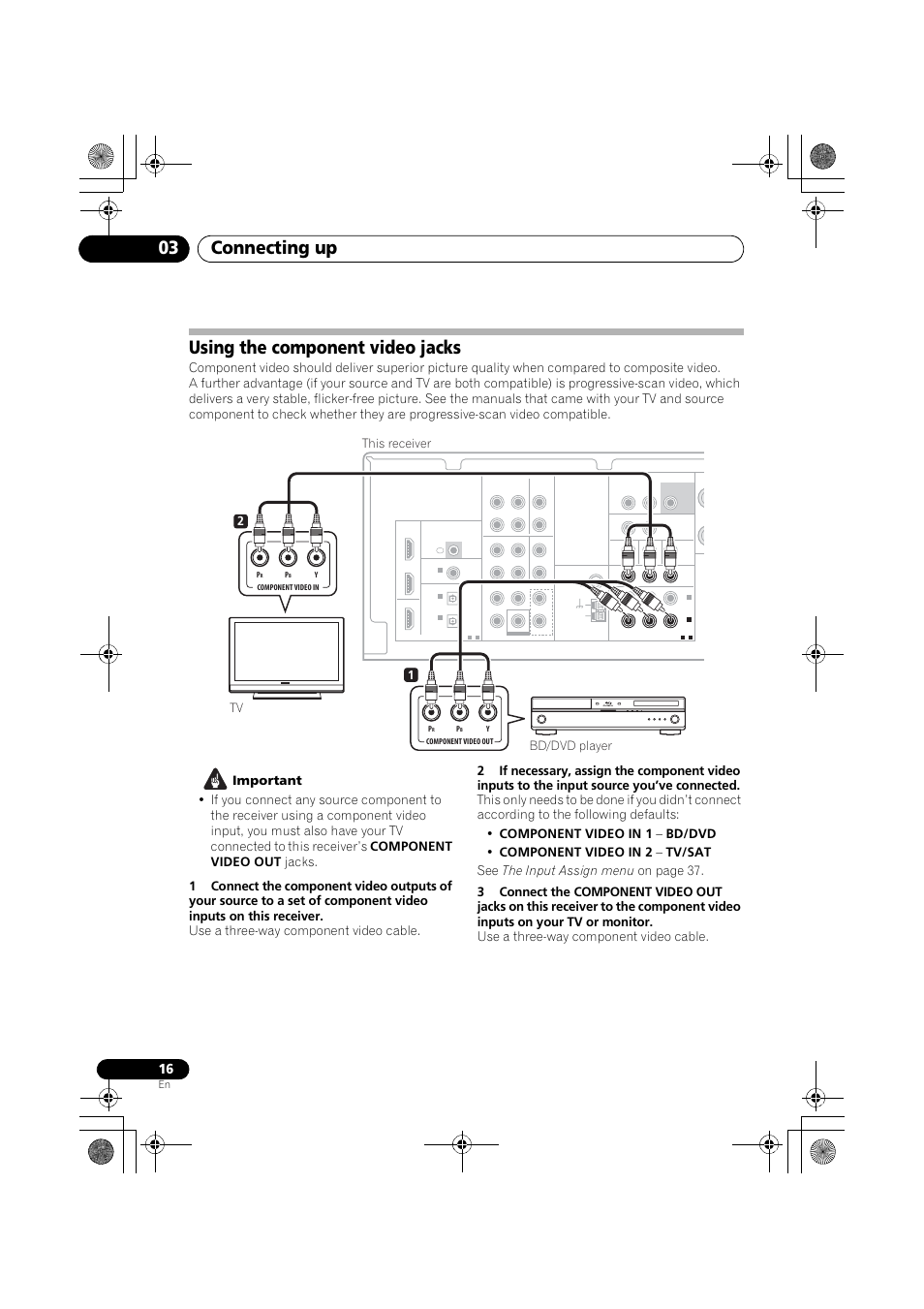 Using the component video jacks, Connecting up 03, 12 this receiver bd/dvd player tv | Pioneer VSX-519V-K User Manual | Page 16 / 144