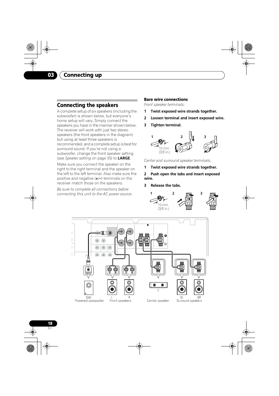 Connecting the speakers, Connecting up 03, Bare wire connections | Pioneer VSX-519V-K User Manual | Page 18 / 144