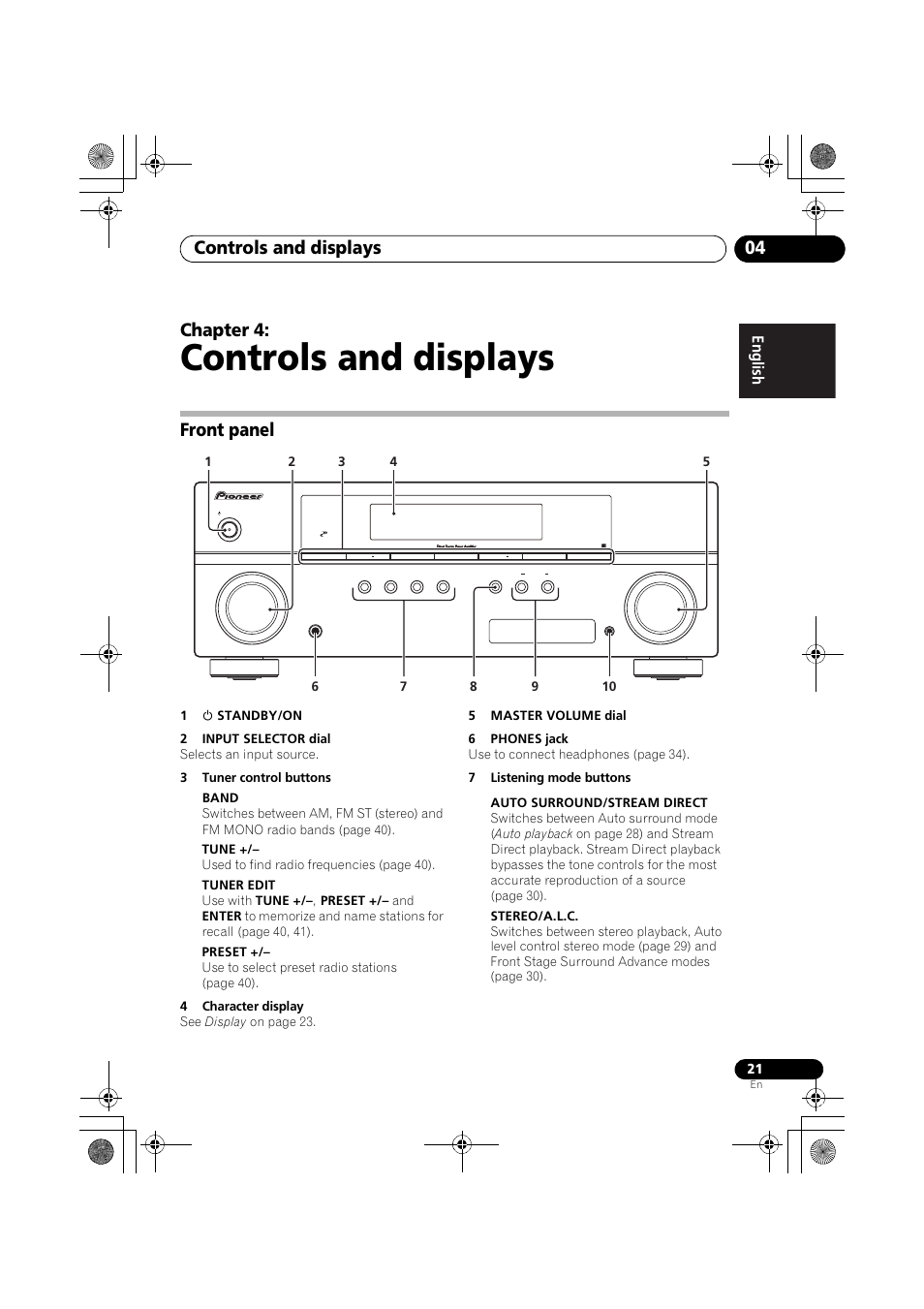 Front panel, Controls and displays, Controls and displays 04 | Chapter 4, Engli sh françai s e spañol | Pioneer VSX-519V-K User Manual | Page 21 / 144